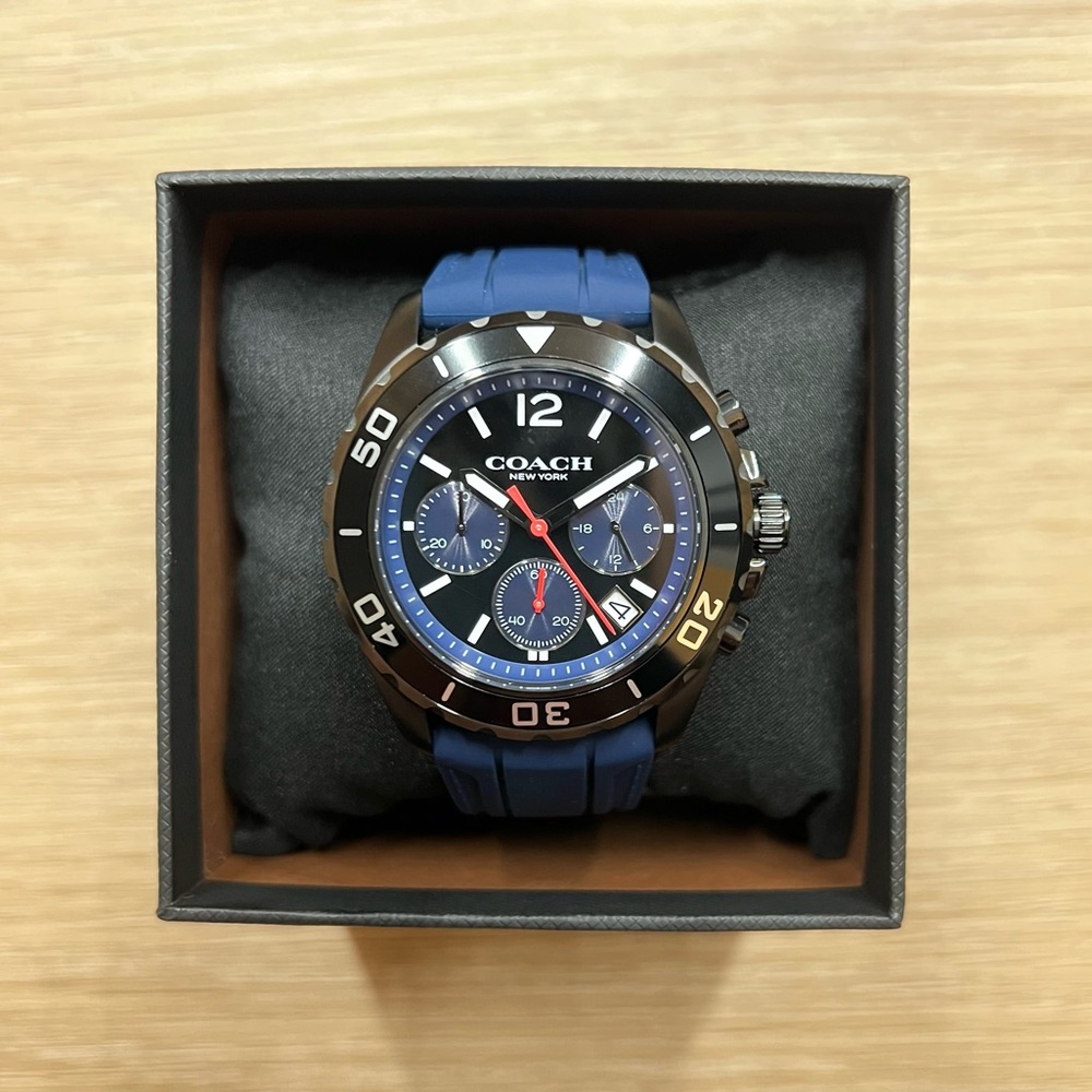 Coach Men’s Kent Chronograph Watch Black/Navy Silicone Strap NEW
